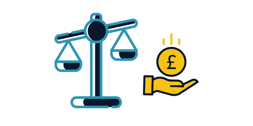 High court recovery icon with a weighing scale and a pound coin falling on an open palm